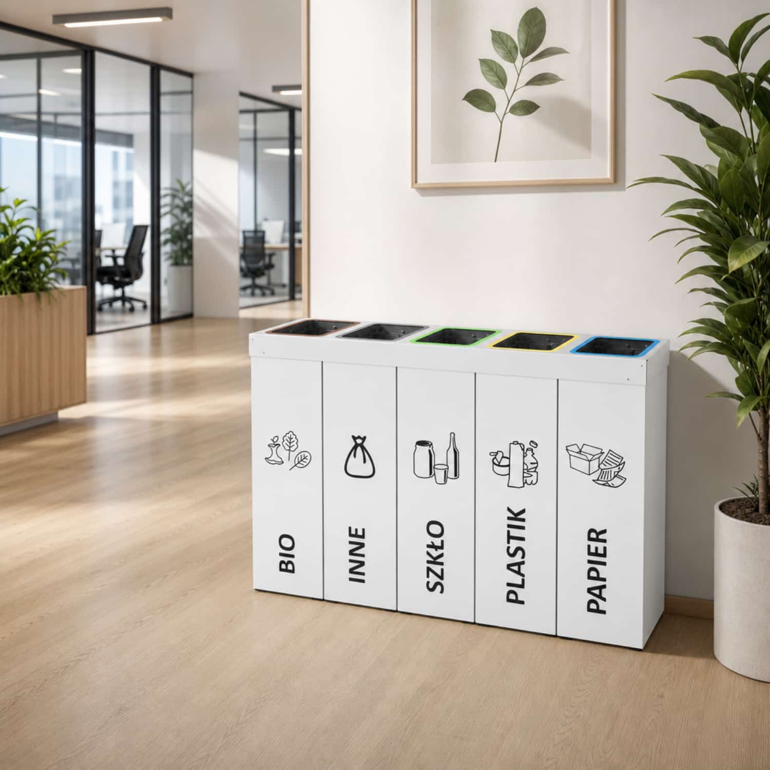 Nowoczesny kosz do segregacji DENEB 5 x 50 L na eleganckim tle &ndash; modułowy pojemnik do segregacji odpad&oacute;w do biur i firm.